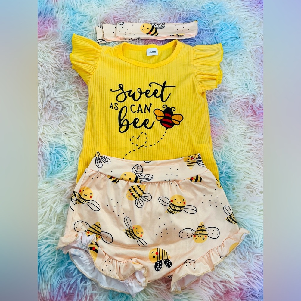 Yellow Baby 'Sweet as Can Bee' Top Onesie and Bee Print Shorts Set and hair tie